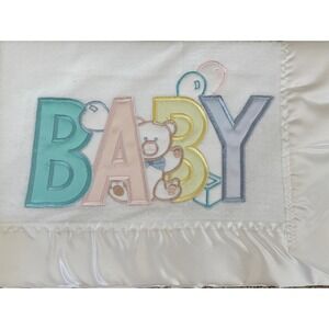Vintage Owen Baby Crib Blanket Appliqué Acrylic Satin Trim USA 40x45 NOS